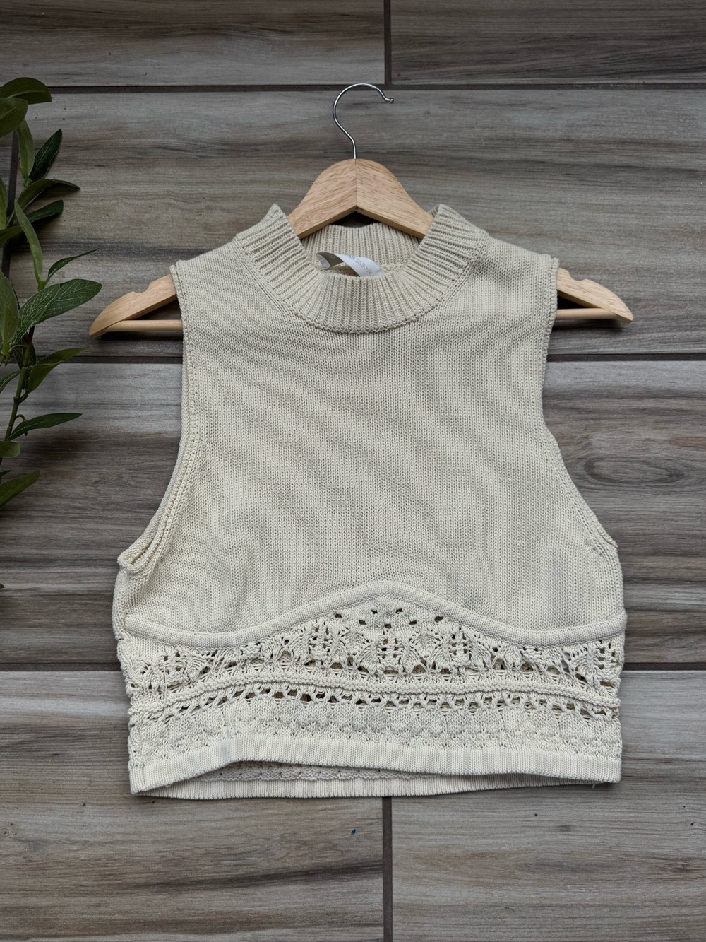 Jonathan Simkhai Ivory Crochet Knit Crop Top Size L Mock Neck Sleeveless